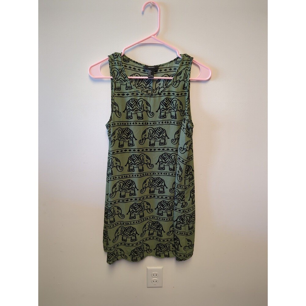 Forever 21 Green Black Size Small Elephant Printed Sleeveless Dress Boho Chic
